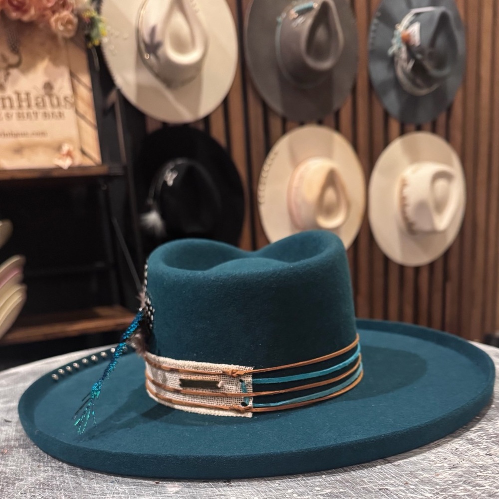 SOLD Teal Western Hat with Feather and Beaded Band - Picture 4 of 5